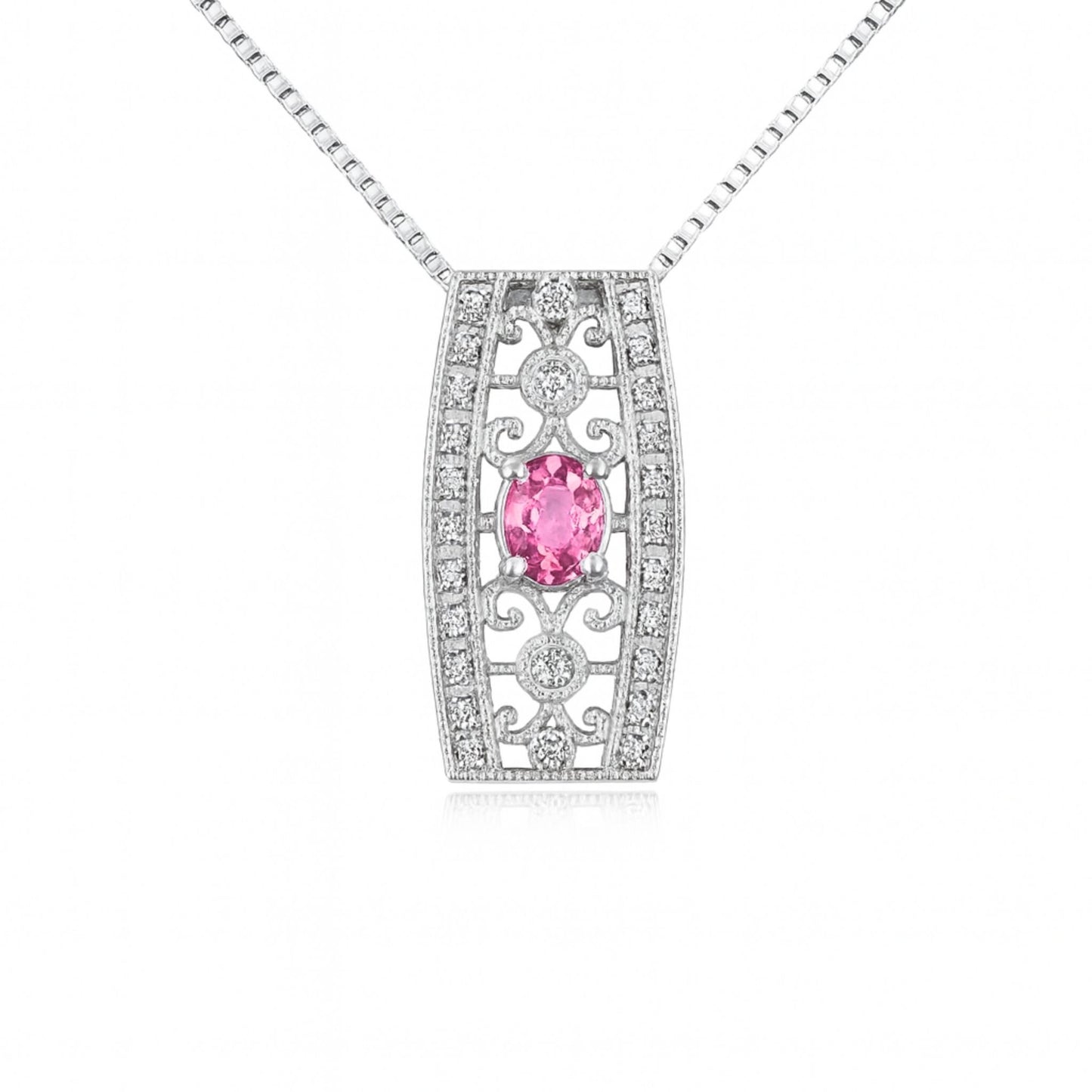 18K 0.48ct Oval Pink Sapphire 0.20cttw White Diamonds Necklace