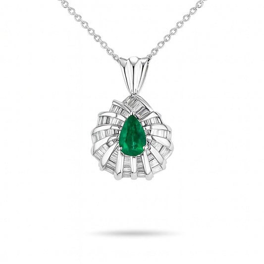 Platinum 0.72ct Pear Shape Colombian Emerald 1.01cttw Tapered Baguette White Diamond Pendant