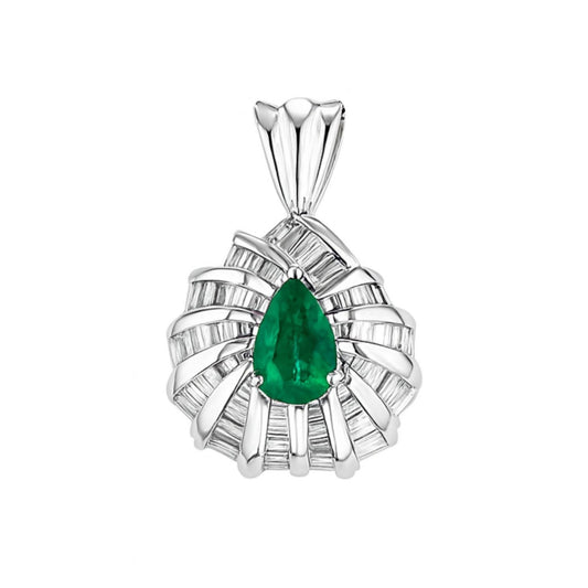 Platinum 0.72ct Pear Shape Colombian Emerald 1.01cttw Tapered Baguette White Diamond Pendant