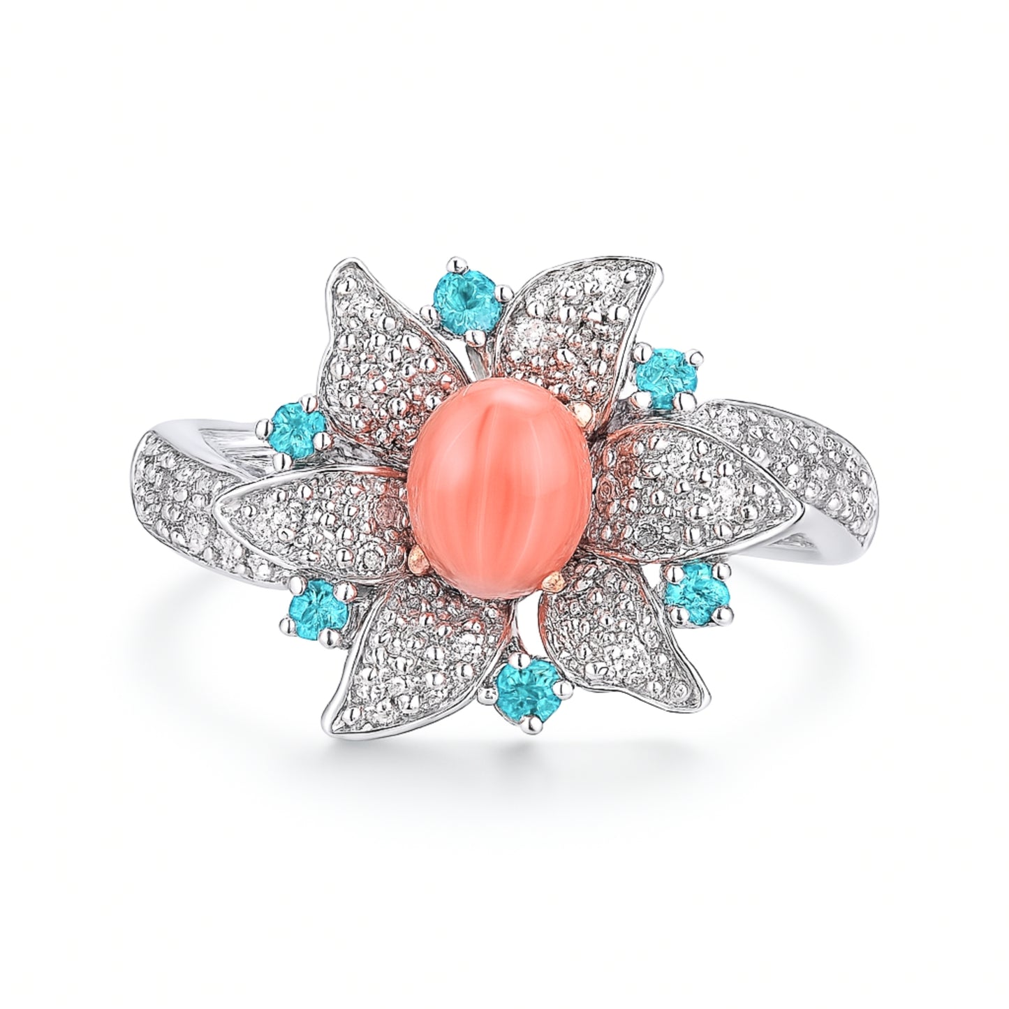 Platinum 1.03ct Oval Conch Pearl 0.12cttw Round Brazilian Paraiba 0.36cttw White Diamonds Designer Ring