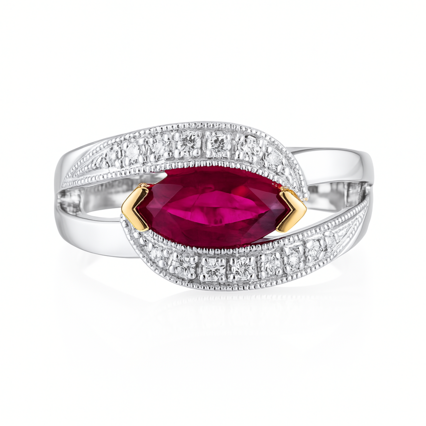 Platinum 1.19ct Marquise Ruby 0.16cttw White Diamonds Designer Ring