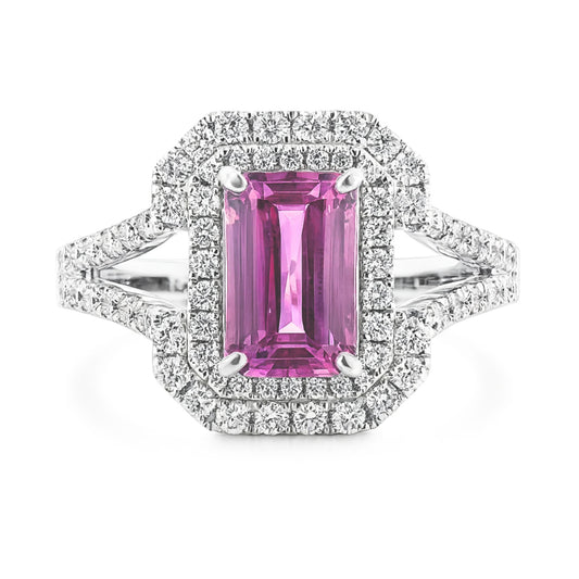 14K 1.56ct Emerald Cut Unheated Winza Sapphire 0.82cttw VS White Diamonds Ring