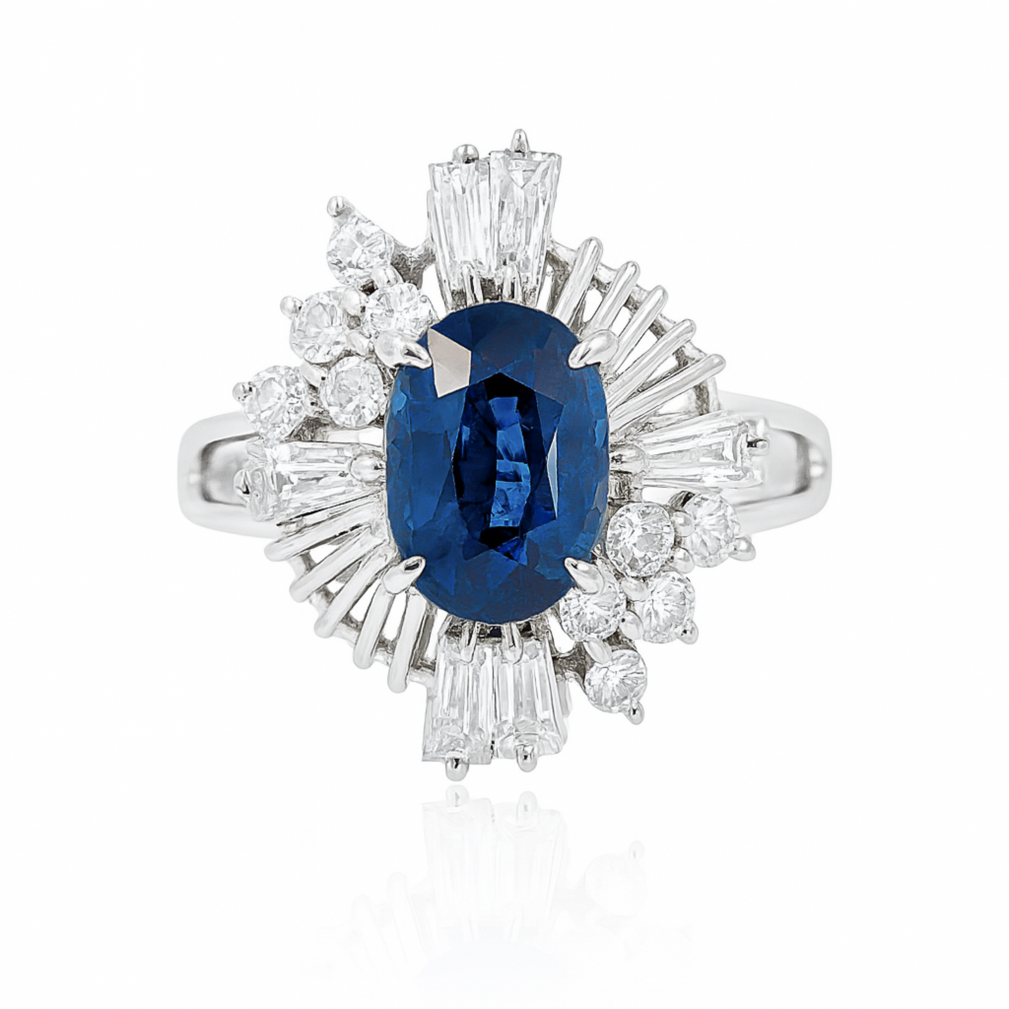 Platinum 1.57ct Oval Blue Sapphire 0.82cttw Round and Tapered Baguette White Diamonds Designer Ring
