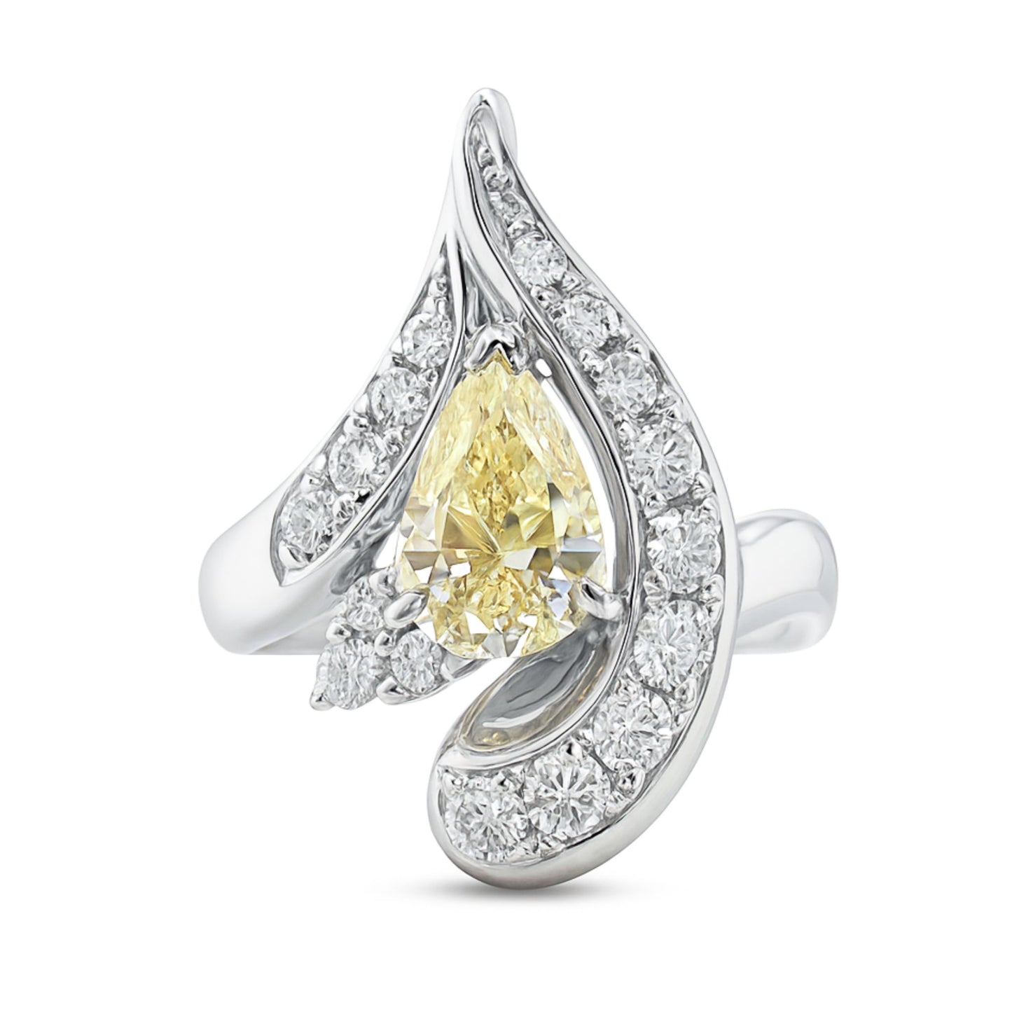 Platinum 1.62ct Pear Shape Yellow Diamond 0.72cttw White Diamonds Ring