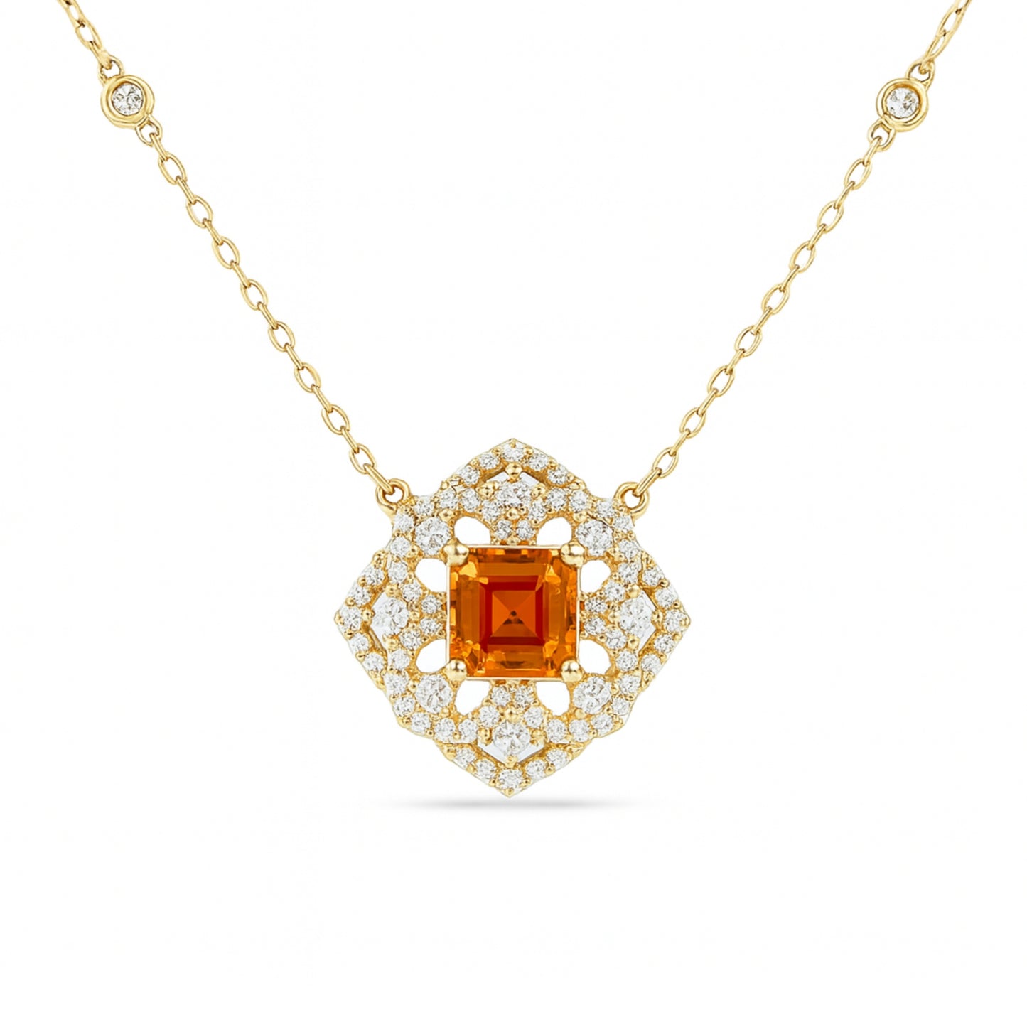 14K 1.64ct Asscher Cut Private Collection Mandarin Garnet 0.64cttw VS White Diamonds Necklace