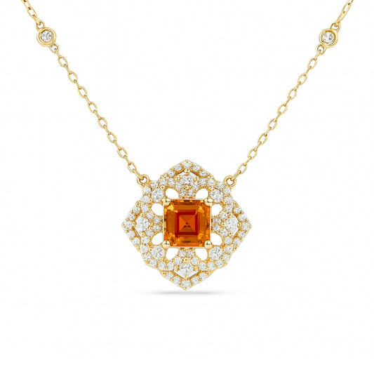 14K 1.64ct Asscher Cut Private Collection Mandarin Garnet 0.64cttw VS White Diamonds  Necklace