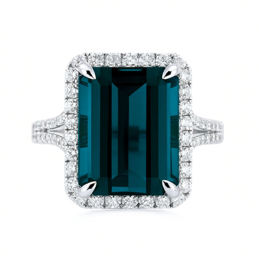14k 10.35ct Emerald Cut Private Collection Indicolite 0.80cttw VS White Diamonds Ring