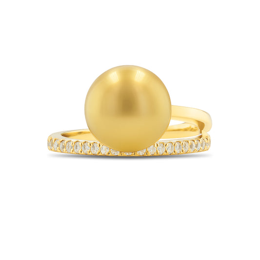 14K 10mm Round South Sea Golden Pearl 0.15cttw White Diamonds Designer Ring