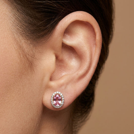 14K 0.95cttw Oval Pink Sapphire 0.18cttw VS White Diamonds Stud Earrings