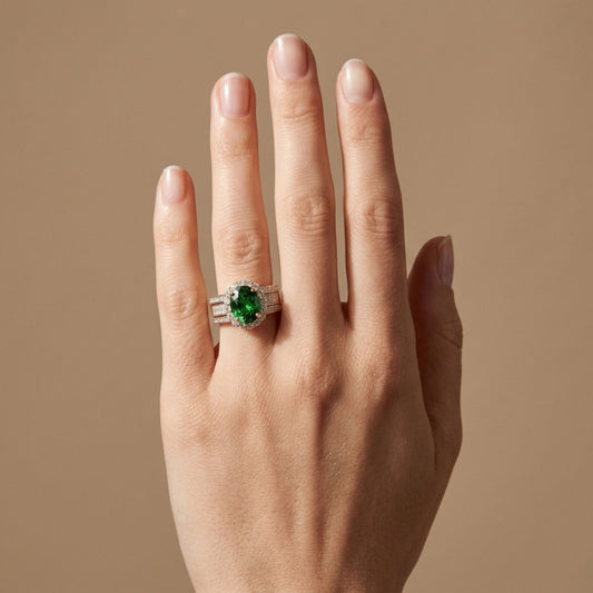 14K 3.54ct Oval Tsavorite 1.22cttw VS White Diamonds Ring