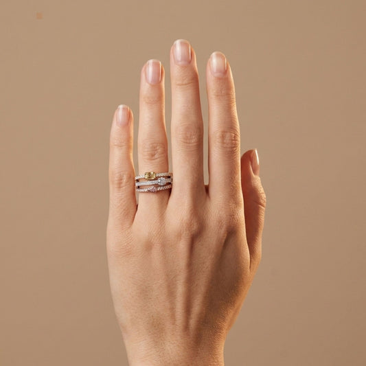 14K 0.75cttw Pear Shape Pink Diamond, Emerald Cut Yellow Diamond, Round VS White Diamonds Ring