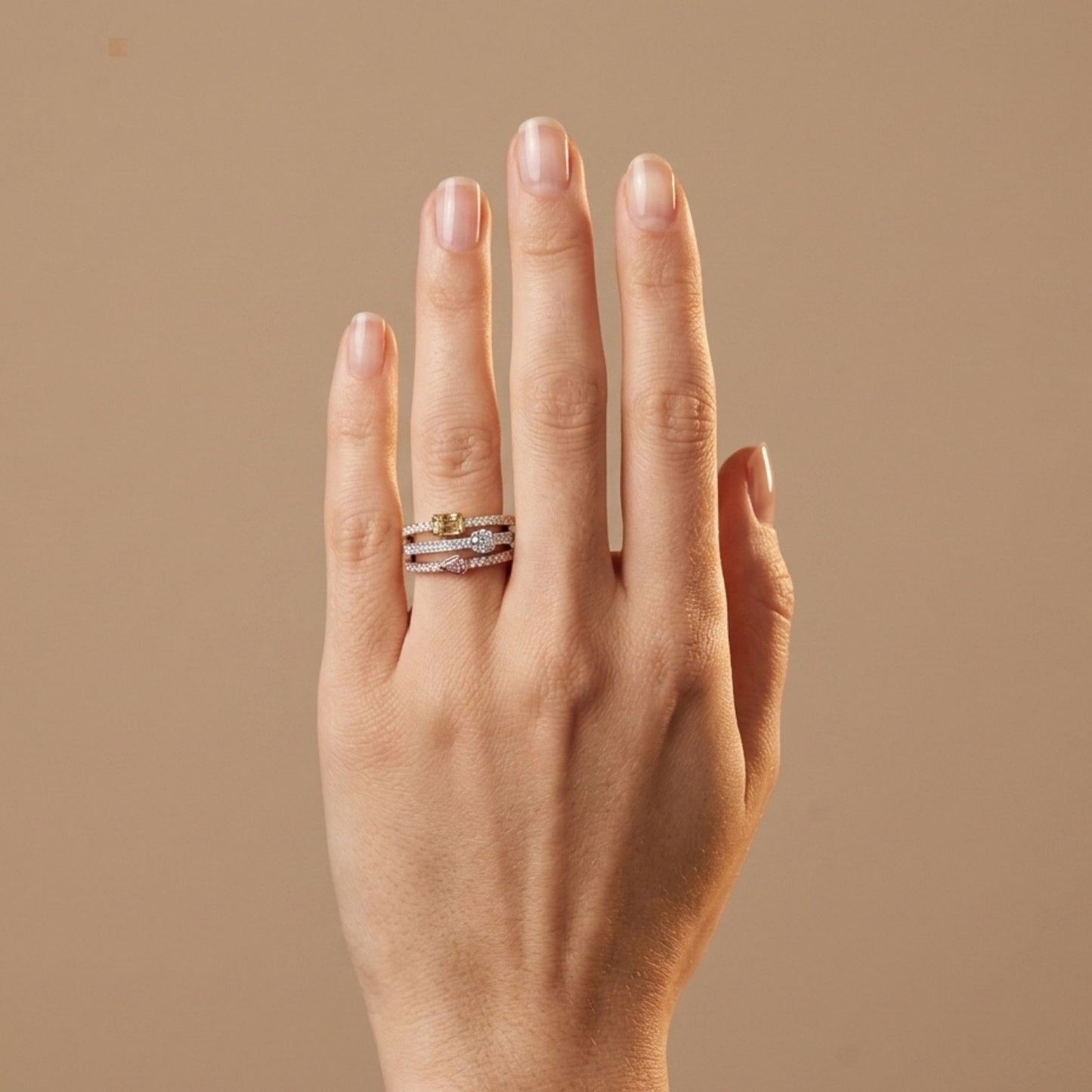14K 0.75cttw Pear Shape Pink Diamond, Emerald Cut Yellow Diamond, Round VS White Diamonds Ring
