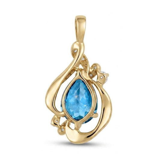 14K 4.33ct Leaf Cut Swiss Blue Topaz 0.18cttw VS White Diamonds Pendant
