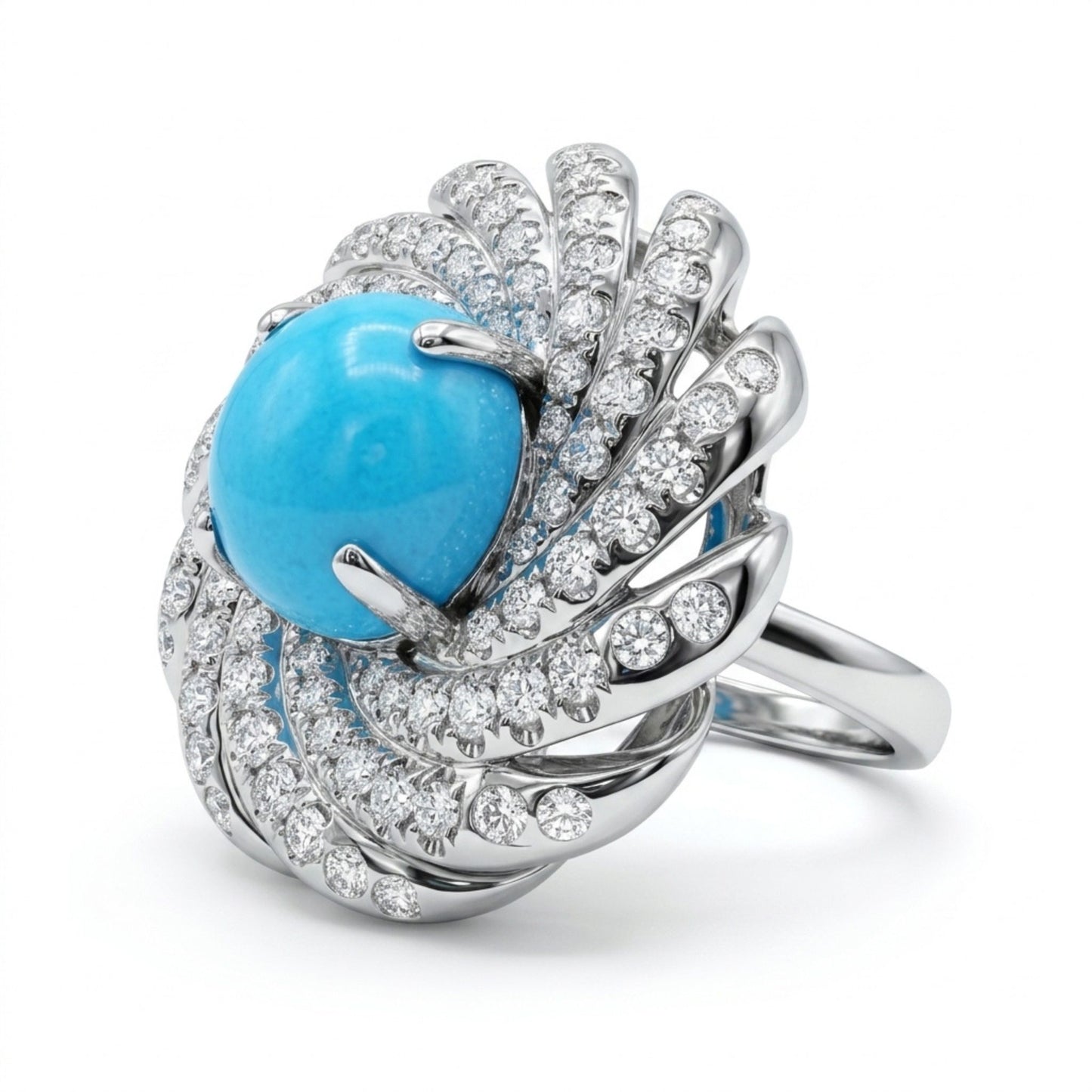 14K 3.44ct Round Sleeping Beauty Turquoise 0.99cttw VS White Diamonds Ring