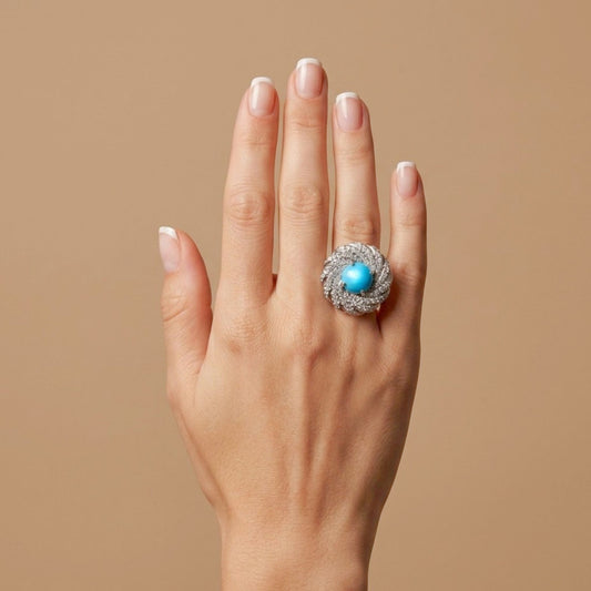 14K 3.44ct Round Sleeping Beauty Turquoise 0.99cttw VS White Diamonds Ring