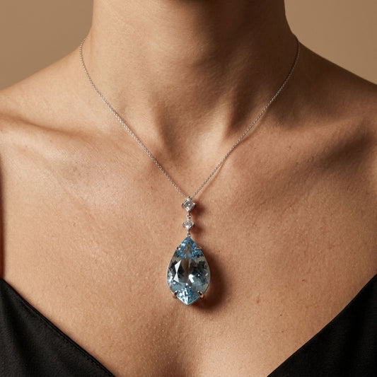 14K 30.88ct Fancy Cut Santa Maria Aquamarine 0.63cttw Kite Cut VS White Diamond Pendant