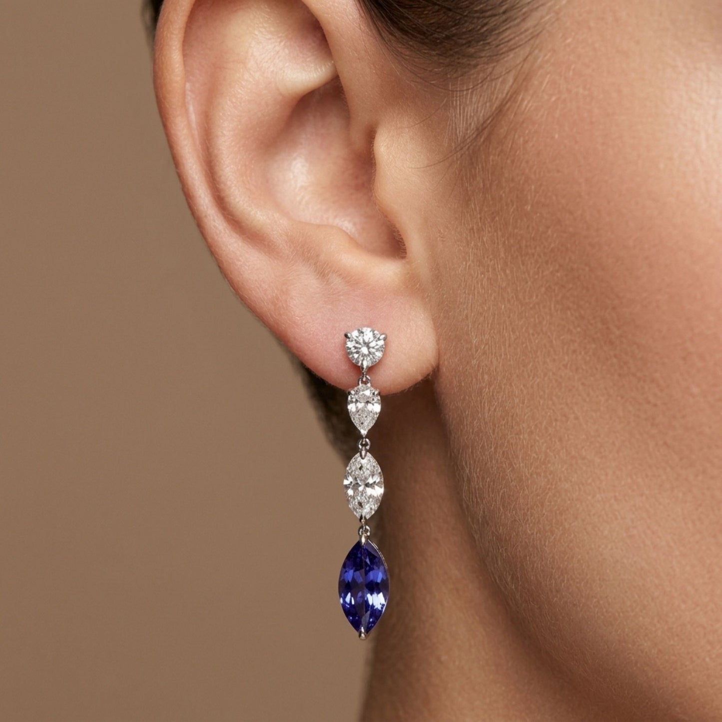 18K 2.07cttw Marquise Blue Sapphire 1.32cttw White Diamonds Drop Earrings