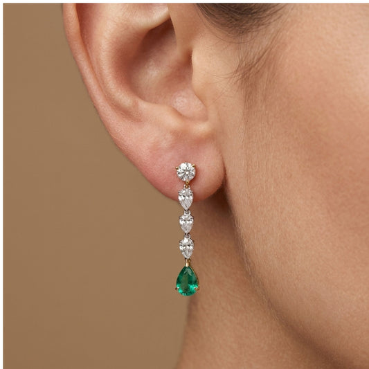 18K 1.05cttw Pear Shape Colombian Emerald 1.32cttw White Diamonds Drop Earrings