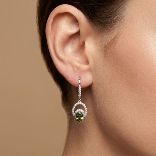 14K 1.02cttw Oval Unheated Green Sapphire 0.38cttw VS White Diamonds Drop Earrings