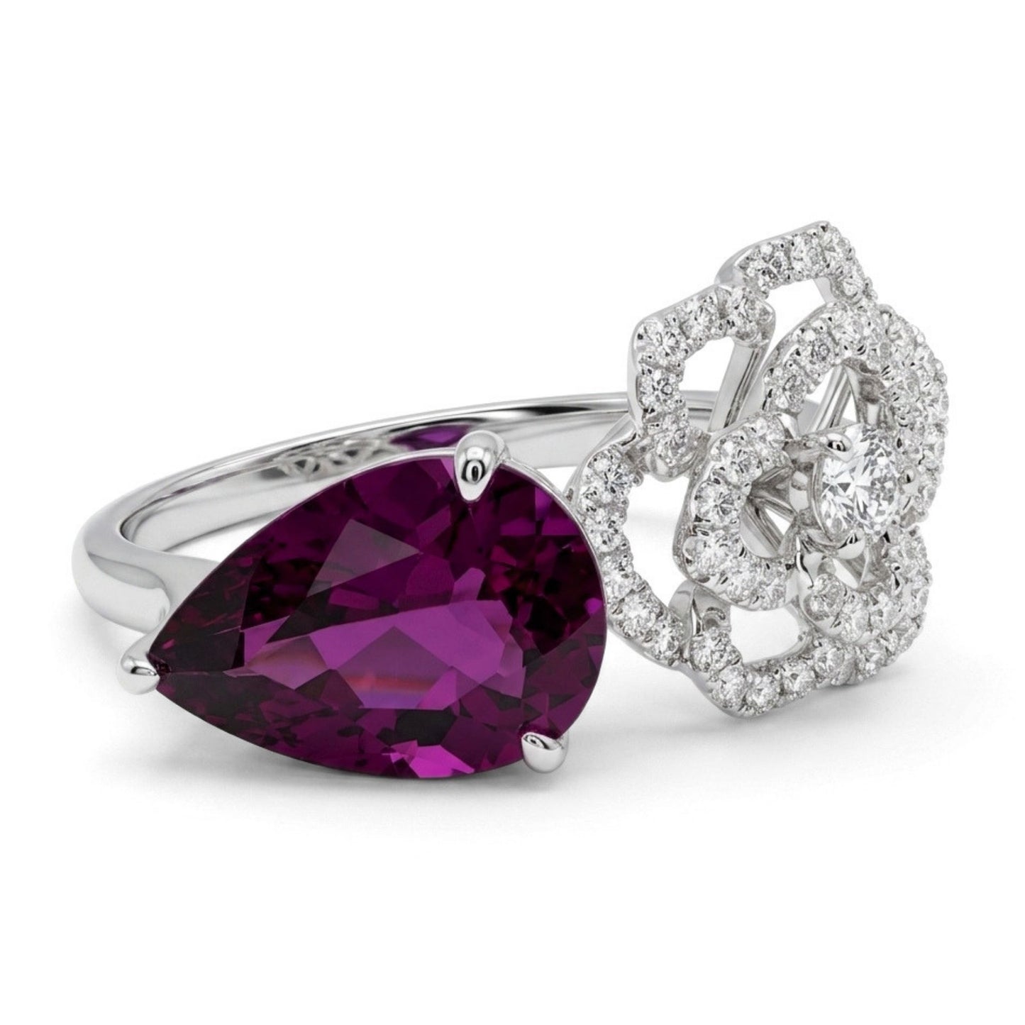 14K 3.40ct Pear Shape Royal Zambaran Garnet 0.38cttw VS White Diamonds Ring