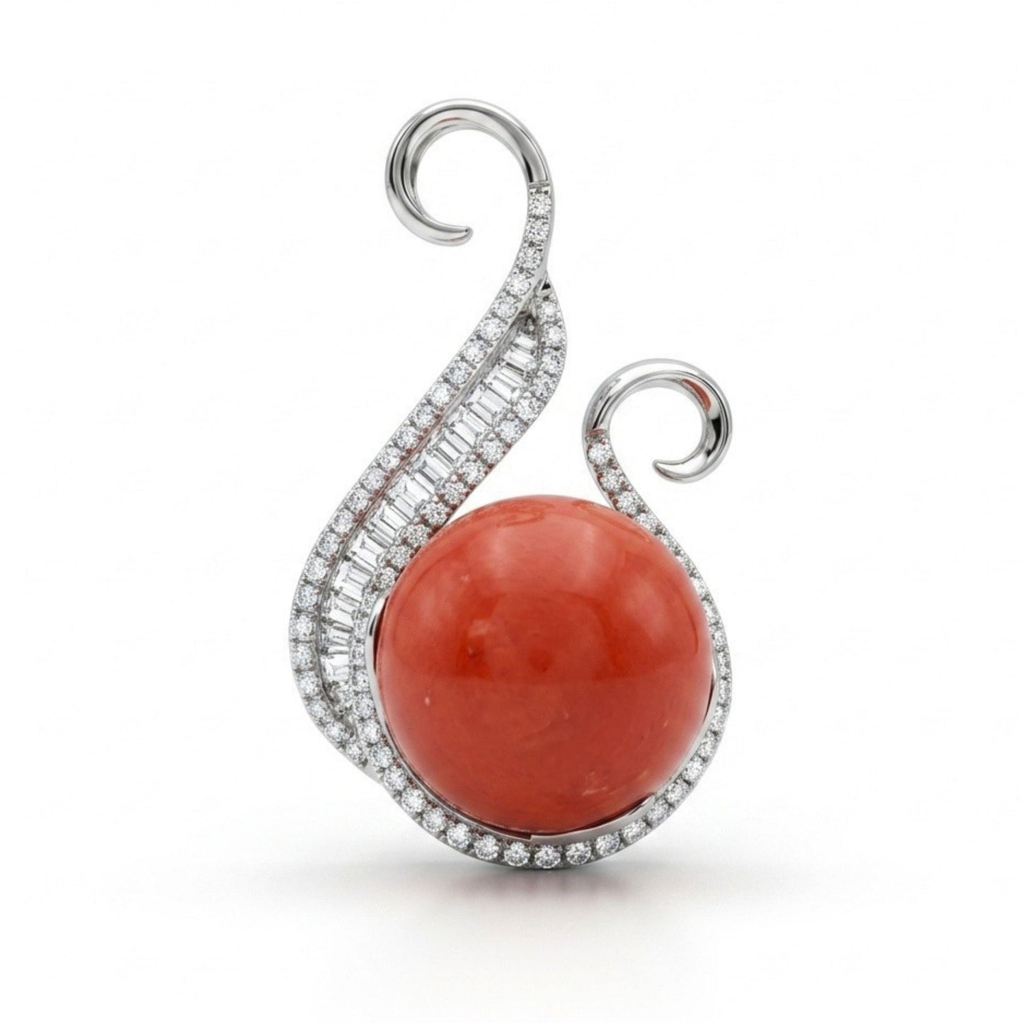 18K 13mm Mediterranean Coral 0.37cttw Baguette and Round White Diamonds Pendant