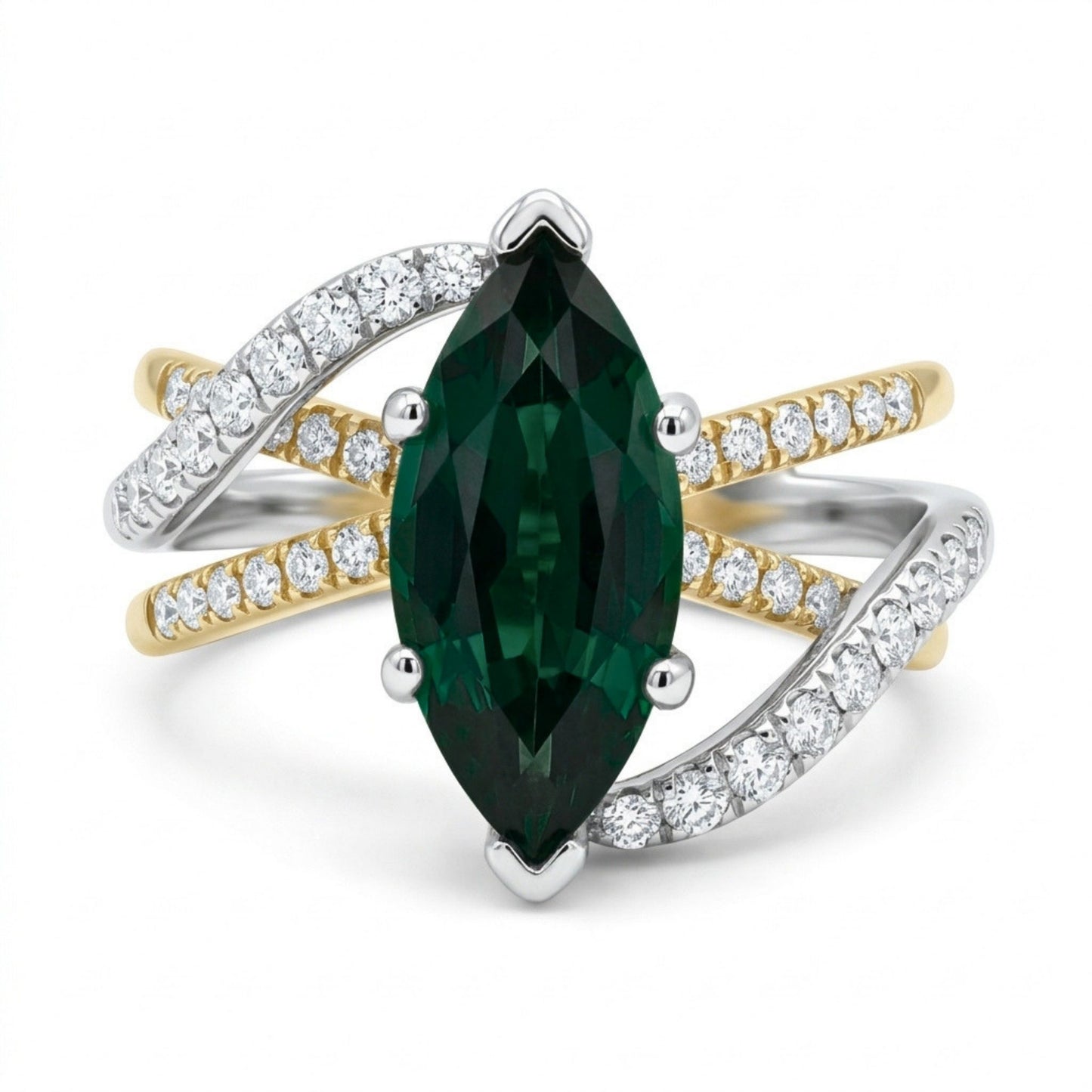 14K 2.85ct Marquise Unheated Green Sapphire 0.51cttw VS White Diamonds Ring