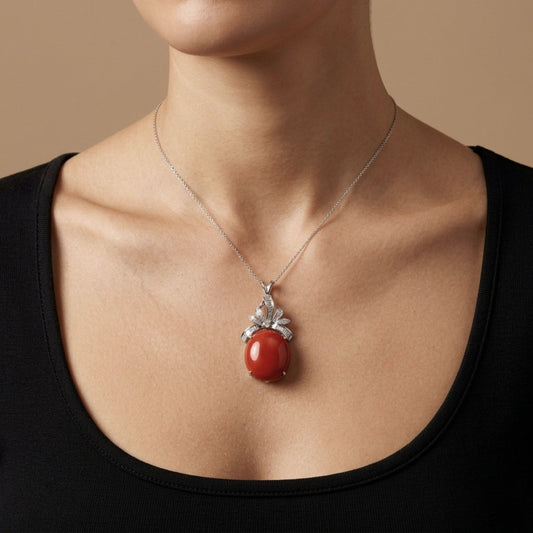 14K 16x15mm Oval Mediterranean Coral 0.39cttw White Diamonds Pendant