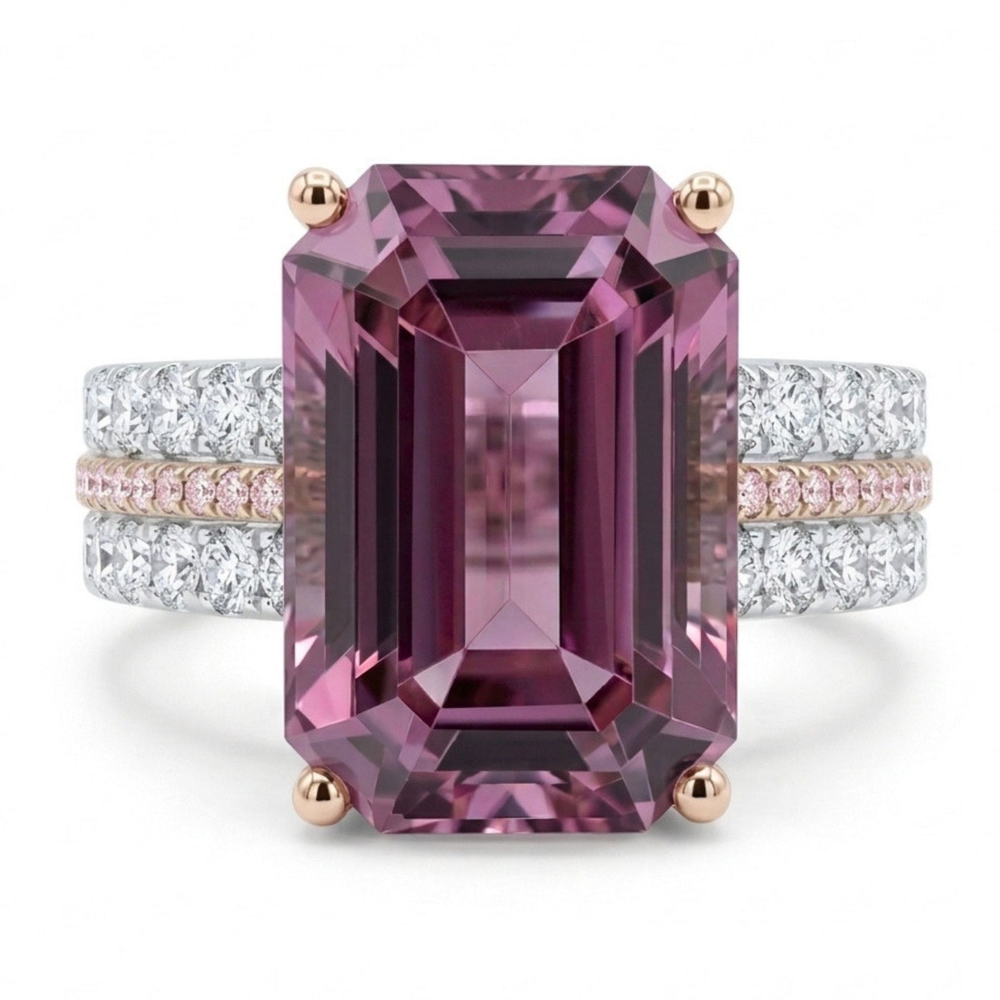 14K 10.11ct Emerald Cut Pink Diaspore 0.80cttw Pink & White Diamonds Ring