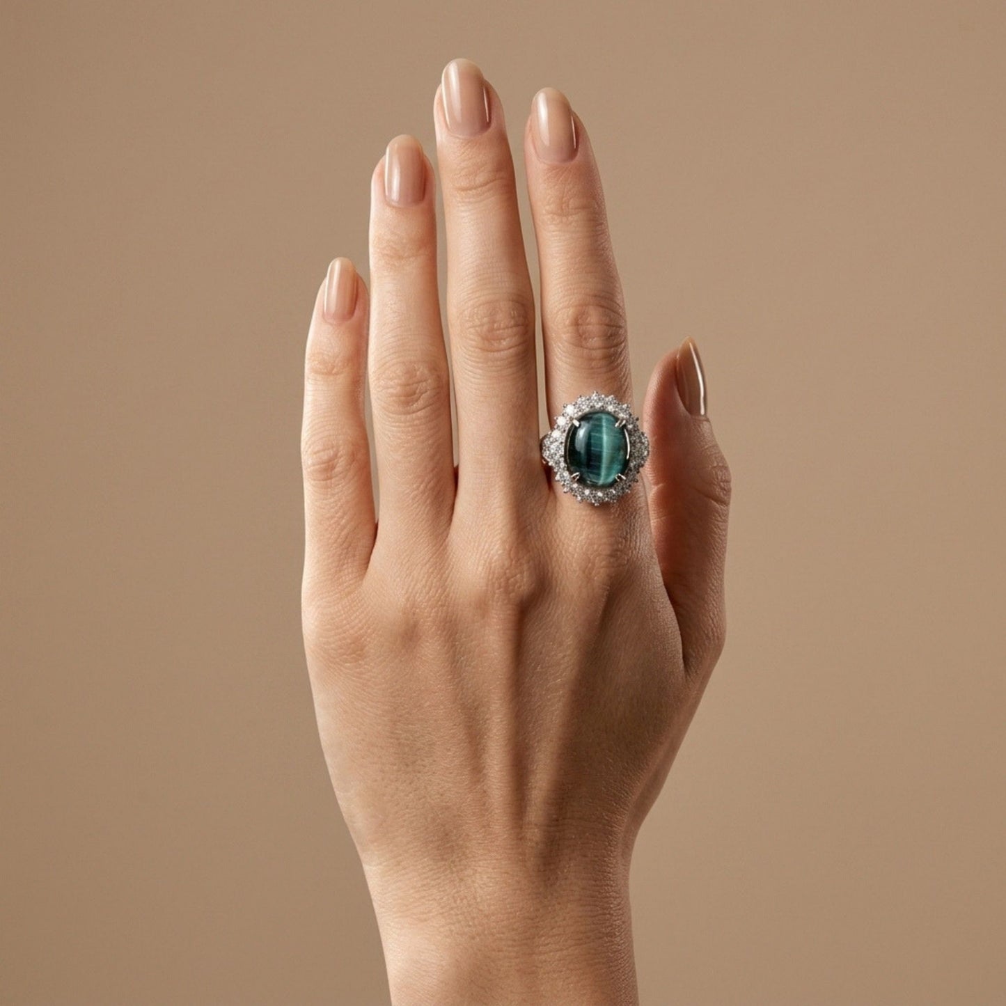 14K 8.44ct Oval Cat's Eye Indicolite 1.61cttw VS White Diamonds Ring