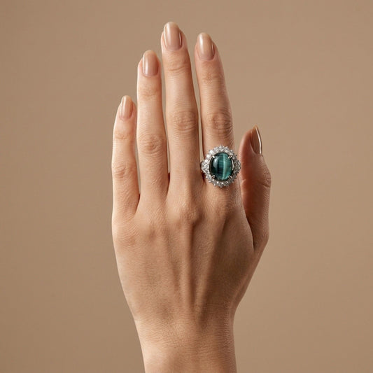 14K 8.44ct Oval Cat's Eye Indicolite 1.61cttw VS White Diamonds Ring
