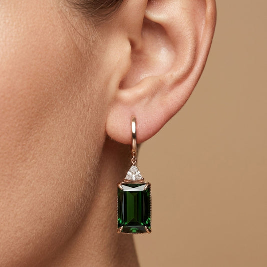 14K 16.48cttw Emerald Cut Green Tourmaline 0.53cttw Trilliant White Diamonds Drop Earrings
