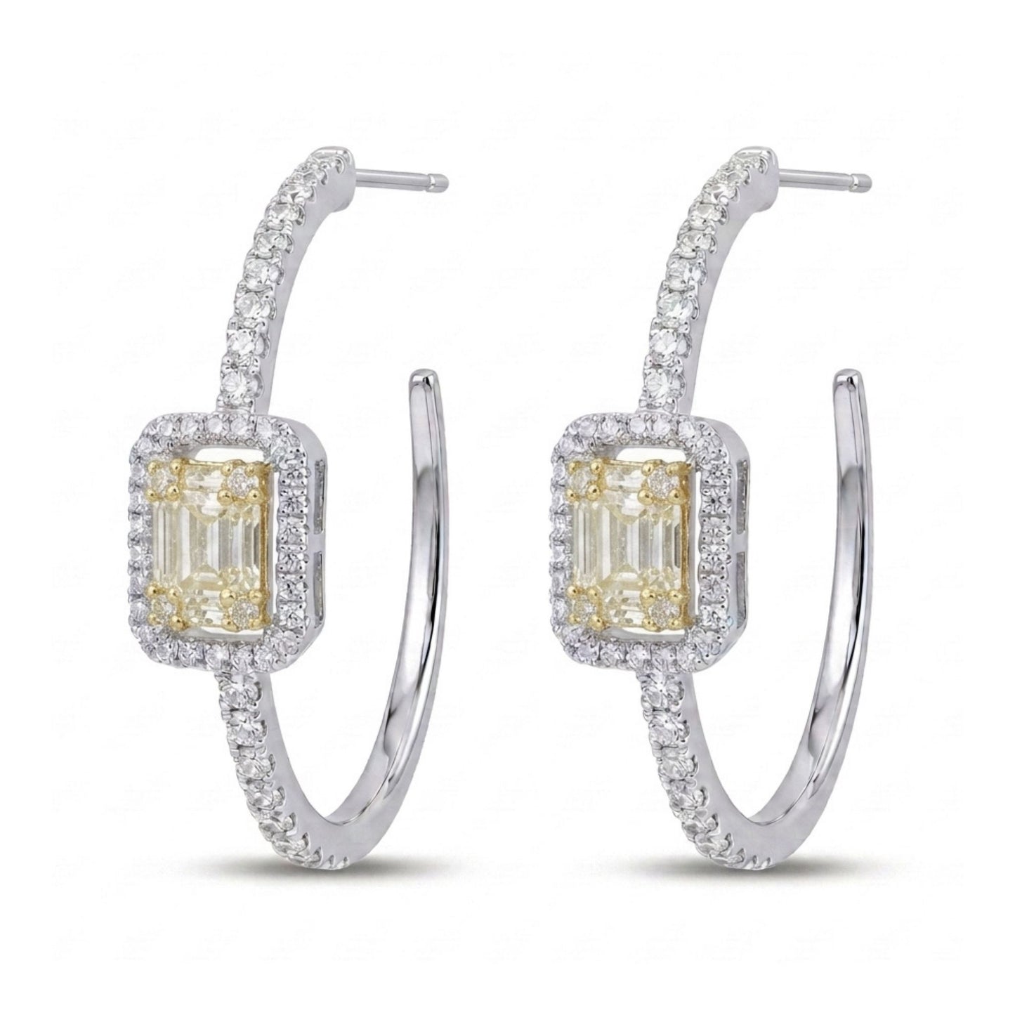 18K 1.15cttw Baguette & Round VS White Diamonds Hoop Earrings