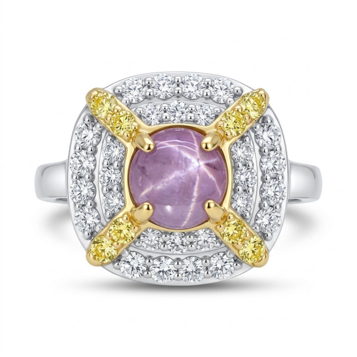 14K 2.08ct Round Unheated Star Sapphire 0.87cttw Yellow & White Diamonds Ring