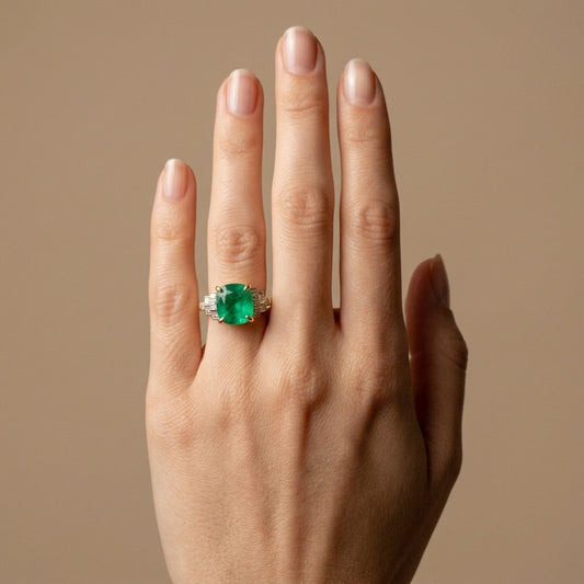 14K 3.93ct Cushion Colombian Emerald 0.55cttw VS White Diamonds Ring