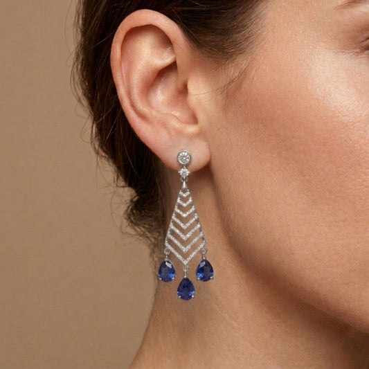 14K 3.78cttw Pear Shape Blue Sapphire 0.71cttw VS White Diamonds Drop Earrings