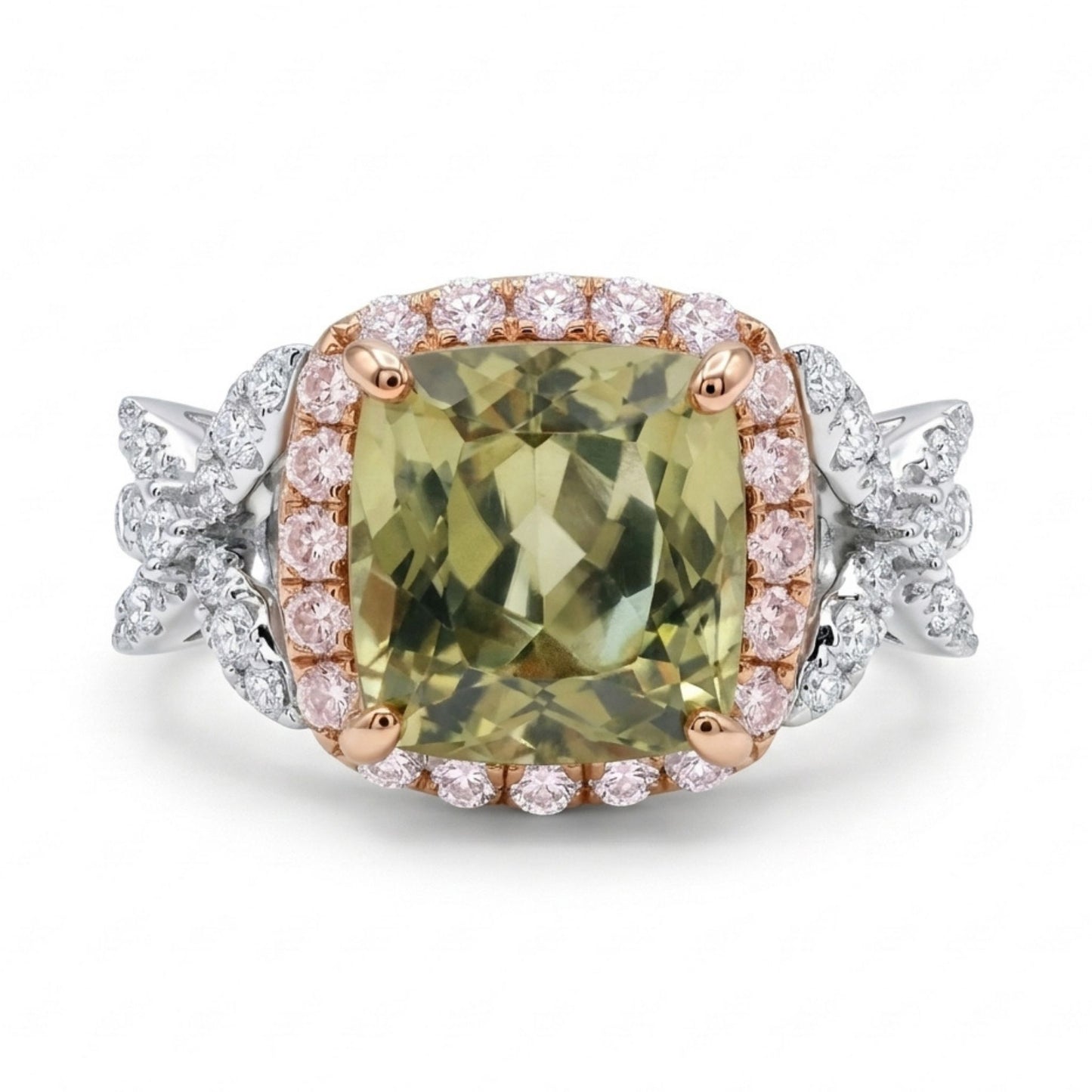 14K 5.76ct Cushion Color Change Diaspore 0.84cttw Pink & White Diamonds Ring