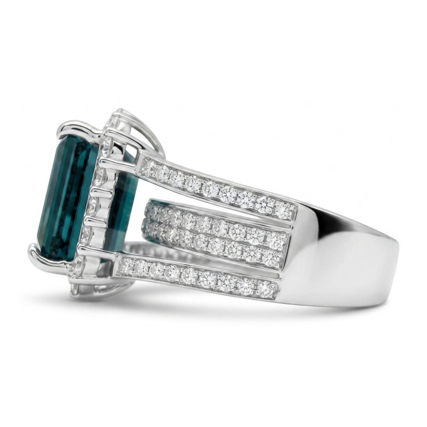 14K 4.33ct Emerald Cut Indicolite 1.11cttw VS White Diamonds Ring