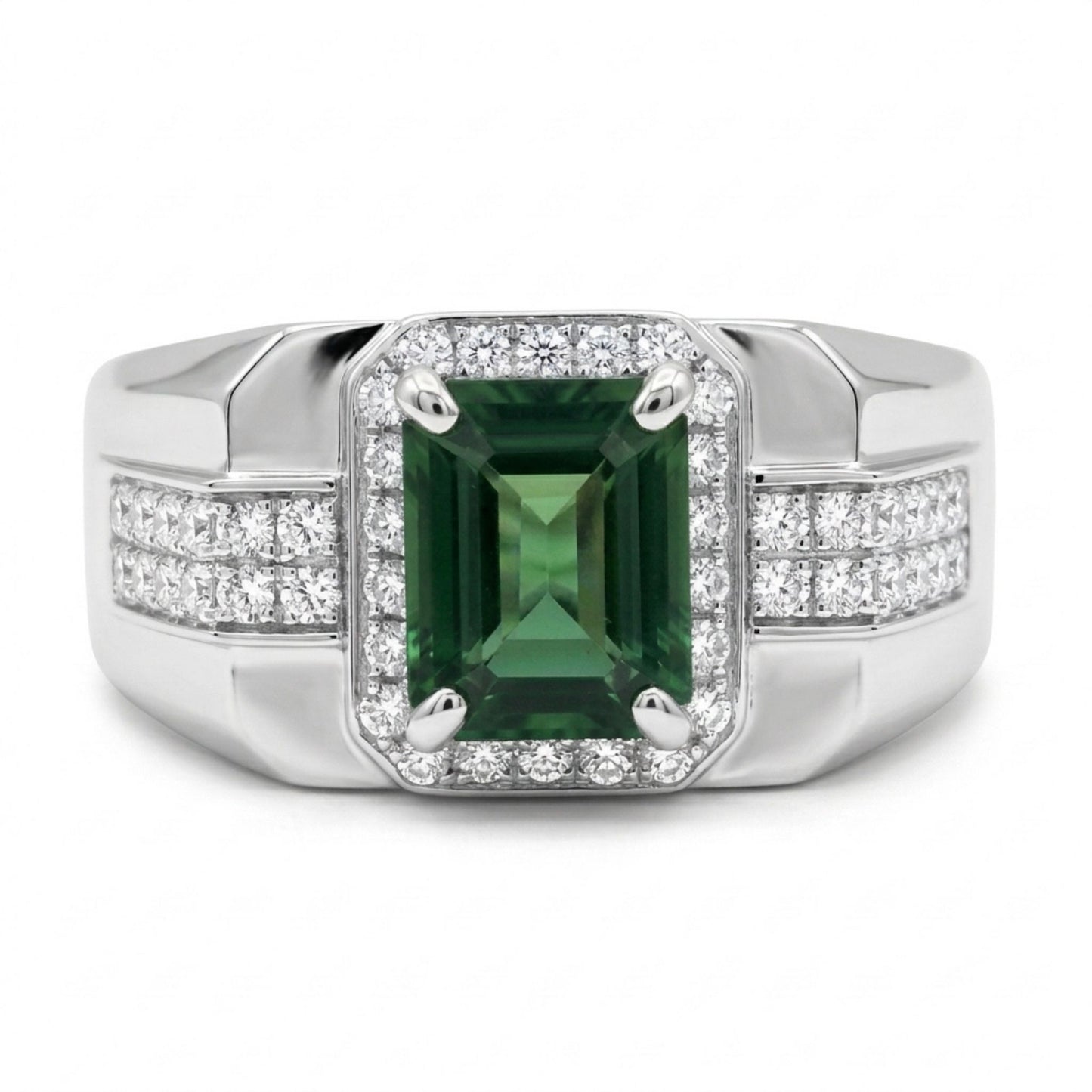 14K 2.23ct Emerald Cut Unheated Green Sapphire 0.51cttw VS White Diamonds Gent's Ring