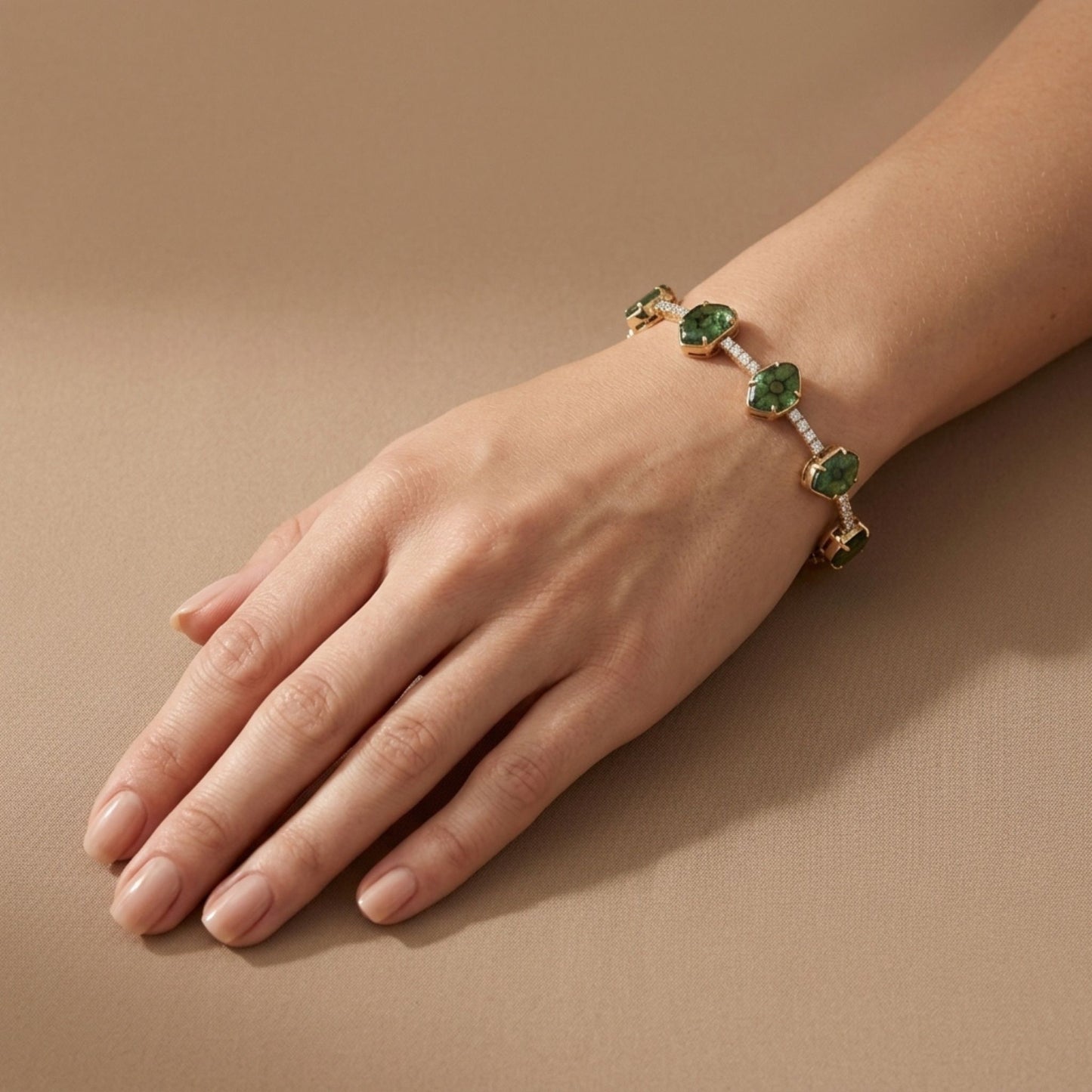 18K 17.37cttw Free Form Trapiche Emerald 1.52cttw White Diamonds Bracelet