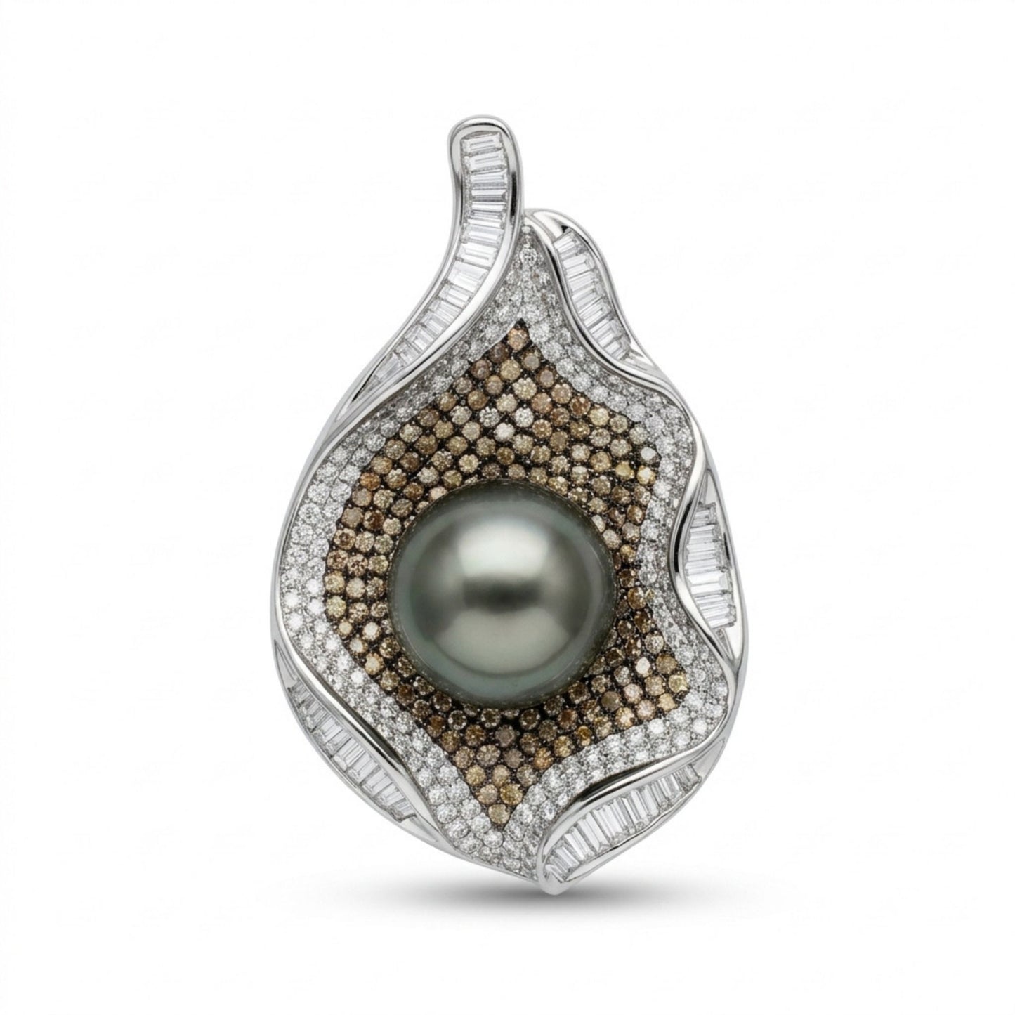 18K 13.5mm Tahitian Black Pearl 3.20cttw Champagne & White Diamonds Pendant