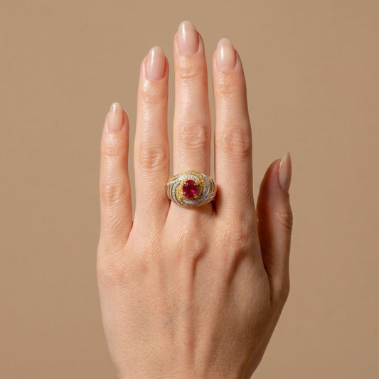 14K 2.02ct Cushion Burma Ruby 1.13cttw Yellow & White Diamonds Ring