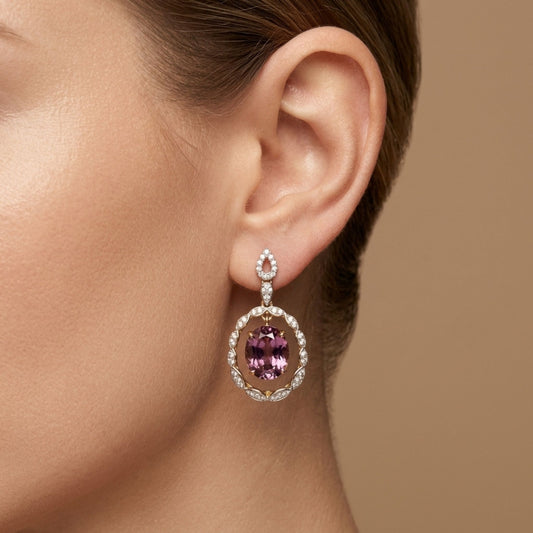 14K 7.09cttw Oval Fluorescent Malaya Garnet 0.50cttw VS White Diamonds Drop Earrings