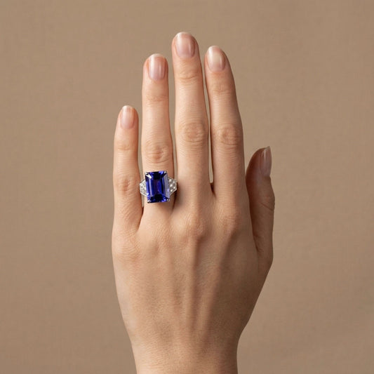 14K 10.33ct Emerald Cut Blue Wing Tanzanite 0.46cttw VS White Diamonds Ring