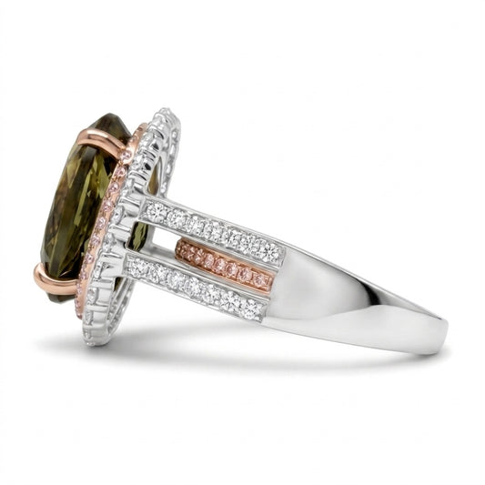 14K 9.64ct Oval Unheated Zoisite 1.52cttw Pink & White Diamonds Ring