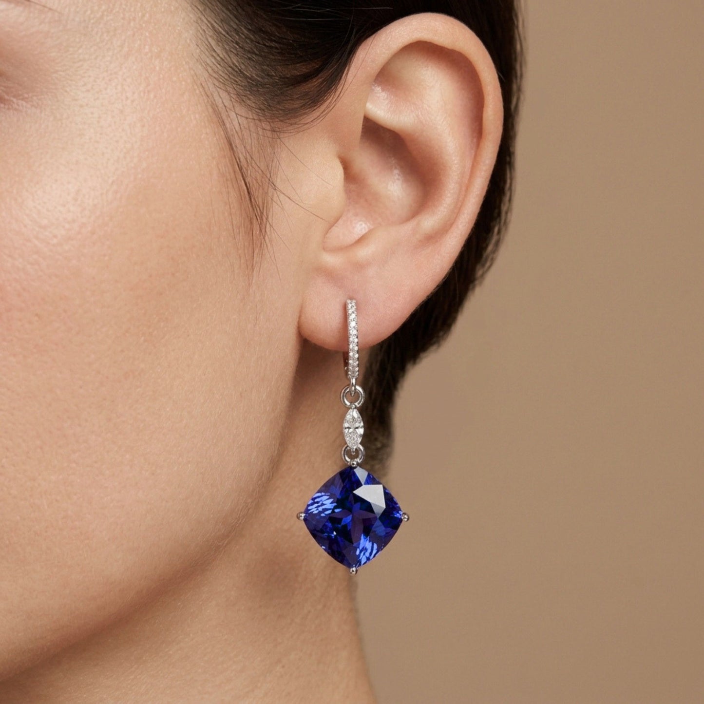 18K 18.52cttw Cushion Blue Wing Tanzanite 0.52cttw Marquise & Round VS White Diamond Drop Earrings