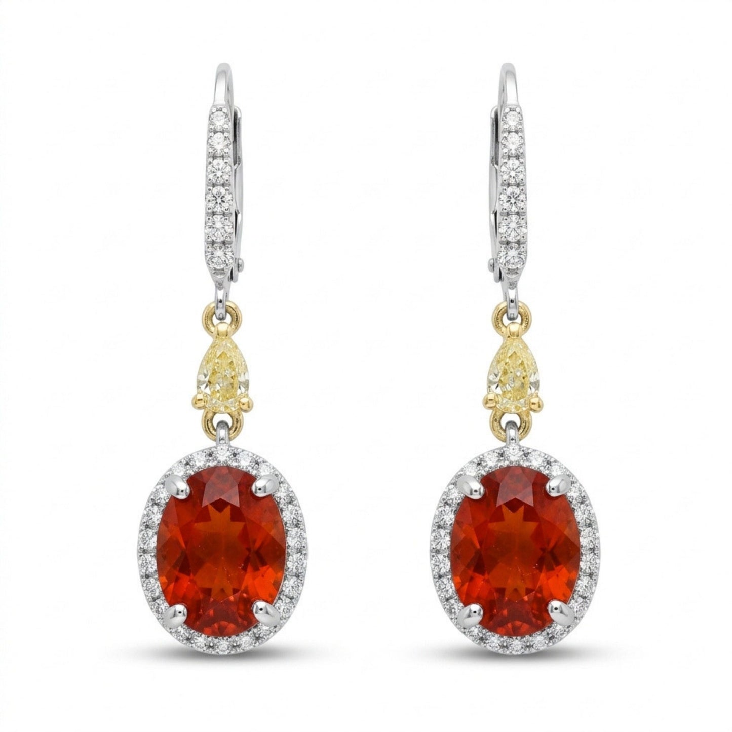 14K 2.31cttw Oval Fire Opal 0.76cttw Yellow & White Diamonds Drop Earrings
