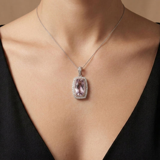 14K 8.60ct Cushion Unheated Pink Tanzanite 0.99cttw Pink & White Diamonds Pendant