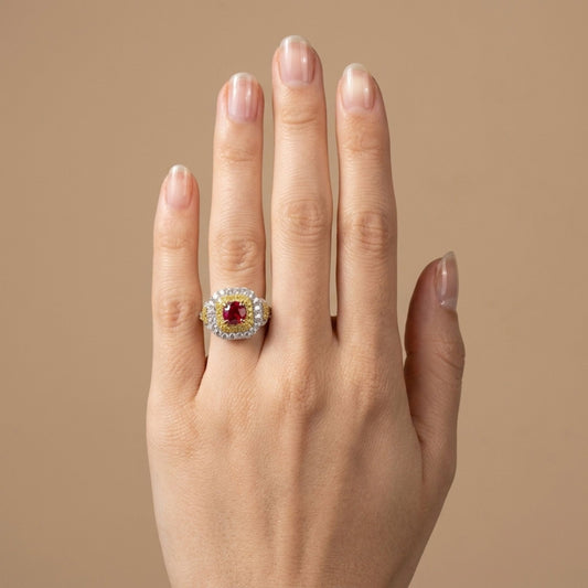 14K 1.09ct Round Burma Ruby 1.14cttw VS Yellow & White Diamonds Ring
