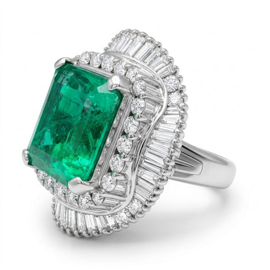 Platinum 11.35ct Emerald Cut Colombian Emerald 3.25cttw White Diamonds Ring GRS #2022028332