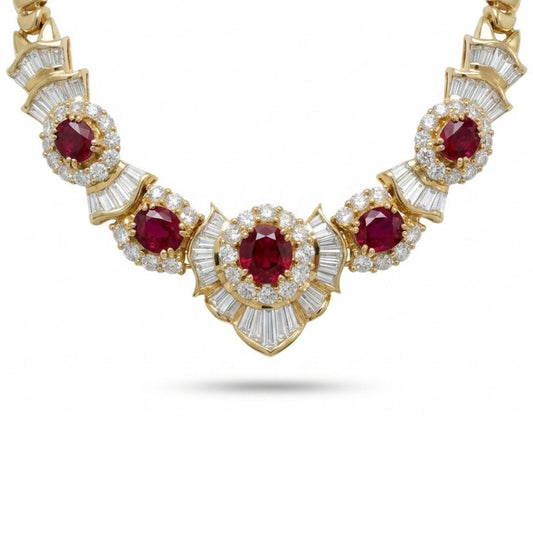 18K 5.49cttw Oval & Round Ruby 5.65cttw White Diamonds Necklace